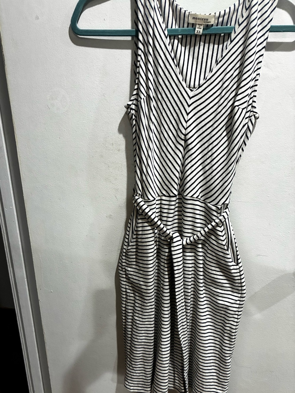 Monteau Black and White Striped Sleeveless Tie-Waist Midi Dress